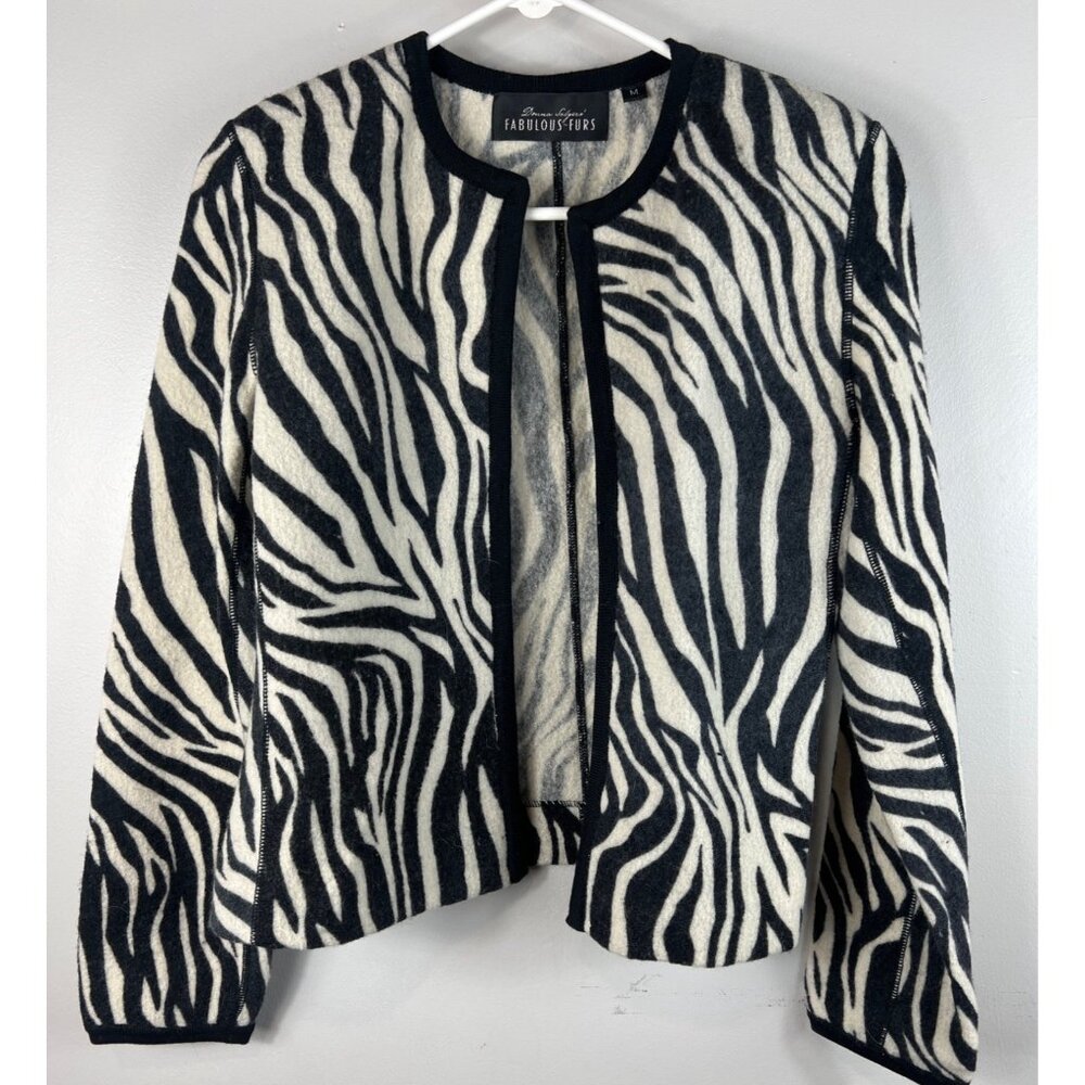Donna Salyers Fabulous Furs Zebra Print Sweater Jacket 100% Wool Blazer Medium